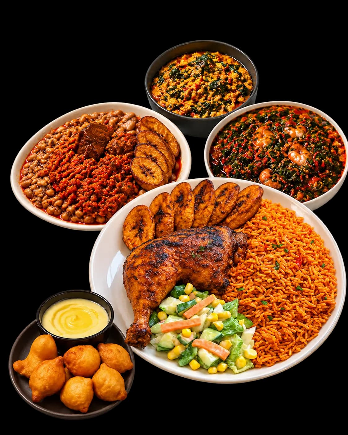 A generous Yakoyo spread with jollof rice, grilled chicken, plantain, Nigerian soups, beans and puff-puff