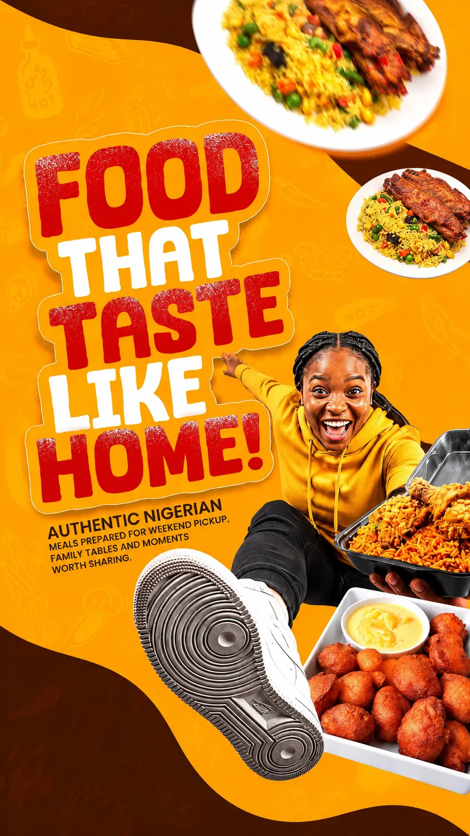 Yakoyo food spread with jollof rice, chicken and akara