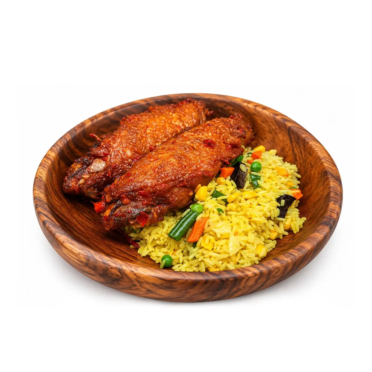 Fried rice with peppered turkey in a wooden bowl